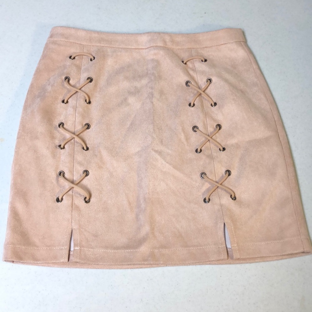 Blush faux suede lace-up skirt